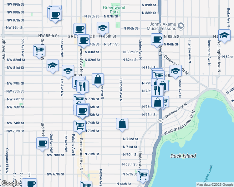 map of restaurants, bars, coffee shops, grocery stores, and more near 546 North 77th Street in Seattle