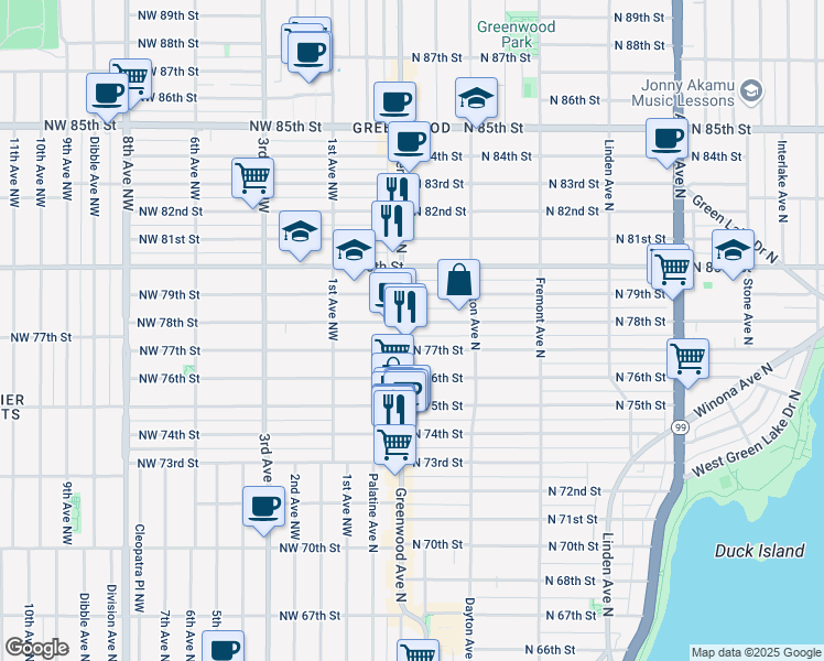 map of restaurants, bars, coffee shops, grocery stores, and more near 7706 Greenwood Avenue North in Seattle
