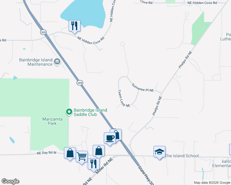 map of restaurants, bars, coffee shops, grocery stores, and more near 13221 Teem Loop Northeast in Bainbridge Island