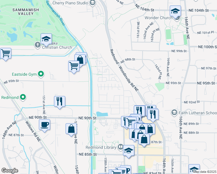 map of restaurants, bars, coffee shops, grocery stores, and more near 15829 Northeast 95th Way in Redmond