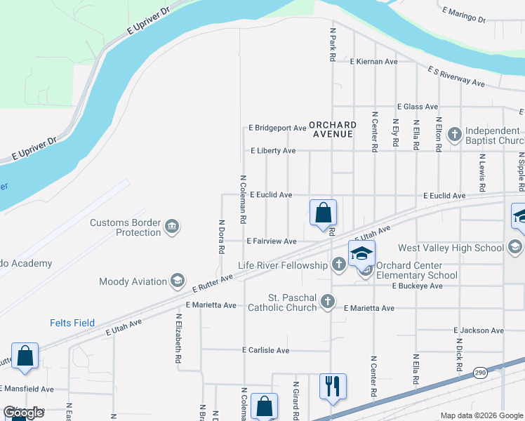 map of restaurants, bars, coffee shops, grocery stores, and more near 3020 North Lily Road in Spokane Valley