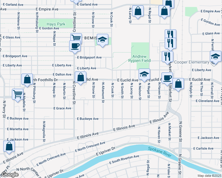 map of restaurants, bars, coffee shops, grocery stores, and more near 2923 North Cook Street in Spokane
