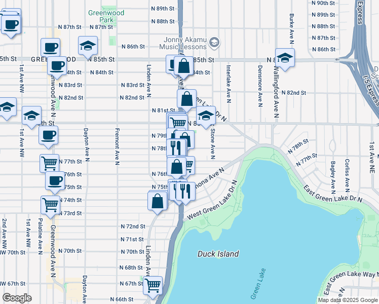 map of restaurants, bars, coffee shops, grocery stores, and more near 7745 Aurora Avenue North in Seattle
