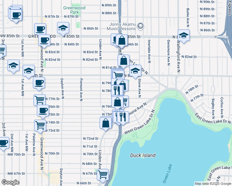 map of restaurants, bars, coffee shops, grocery stores, and more near 7745 Aurora Avenue North in Seattle