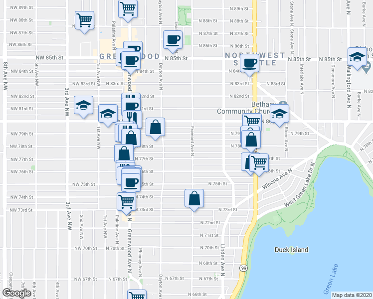 map of restaurants, bars, coffee shops, grocery stores, and more near 546 North 77th Street in Seattle