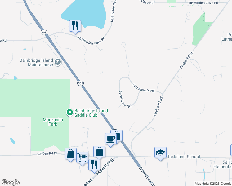 map of restaurants, bars, coffee shops, grocery stores, and more near 13221 Teem Loop Northeast in Bainbridge Island