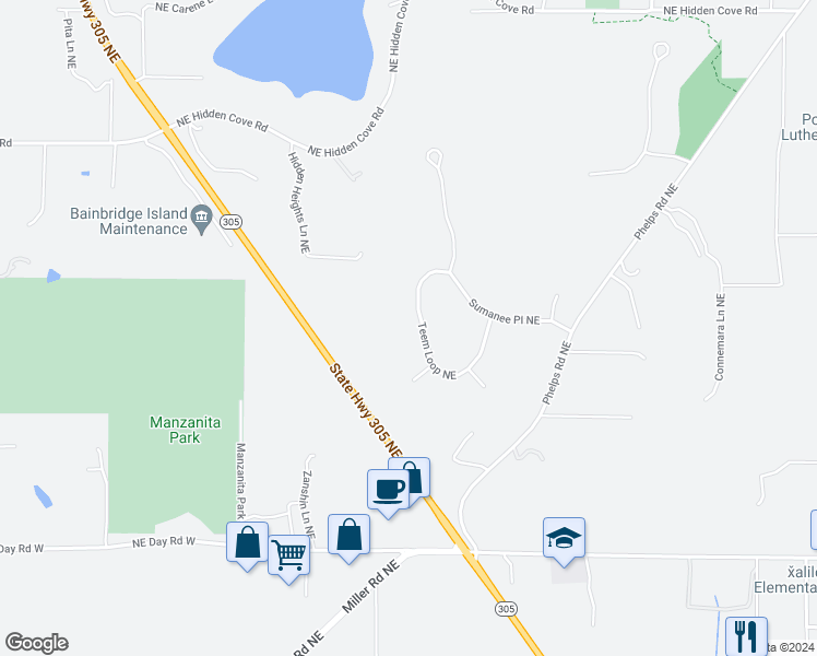 map of restaurants, bars, coffee shops, grocery stores, and more near 13221 Teem Loop Northeast in Bainbridge Island