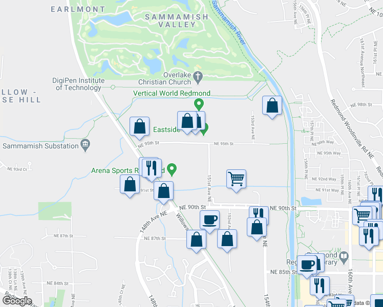 map of restaurants, bars, coffee shops, grocery stores, and more near 9345 151st Ave NE in Redmond