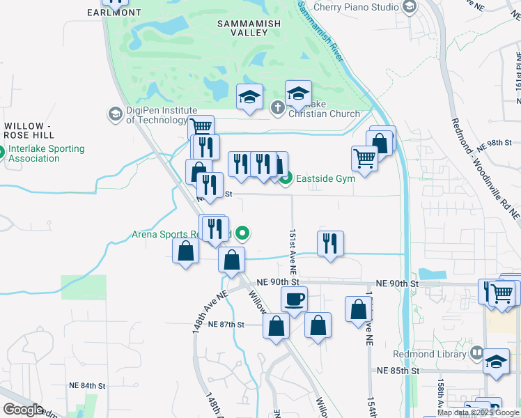 map of restaurants, bars, coffee shops, grocery stores, and more near 14907 Northeast 95th Street in Redmond