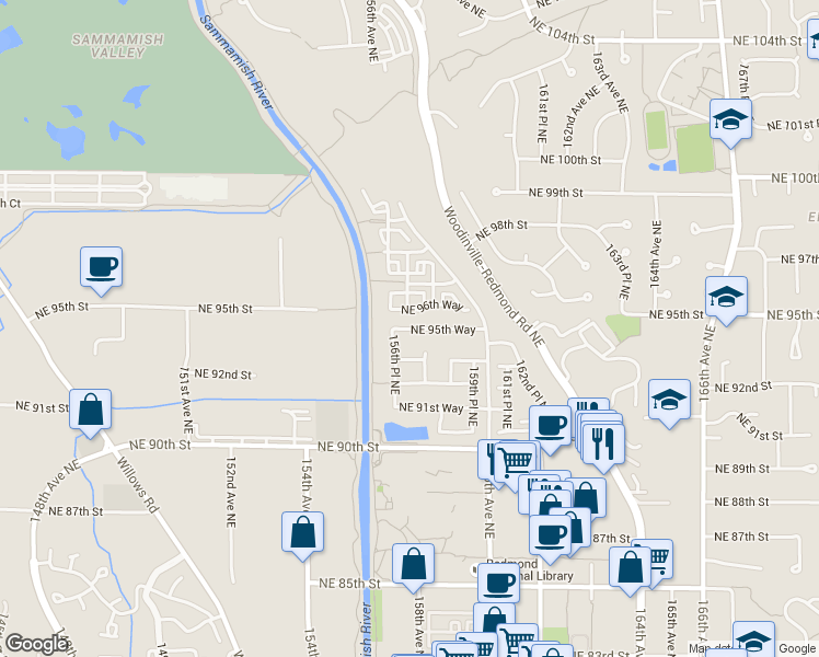 map of restaurants, bars, coffee shops, grocery stores, and more near 15650 Northeast 95th Way in Redmond