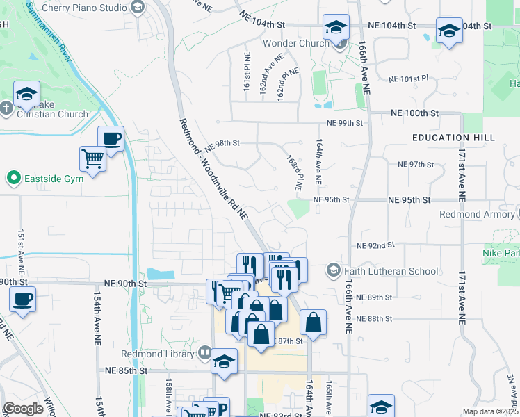 map of restaurants, bars, coffee shops, grocery stores, and more near 9474 Woodinville Redmond Road Northeast in Redmond