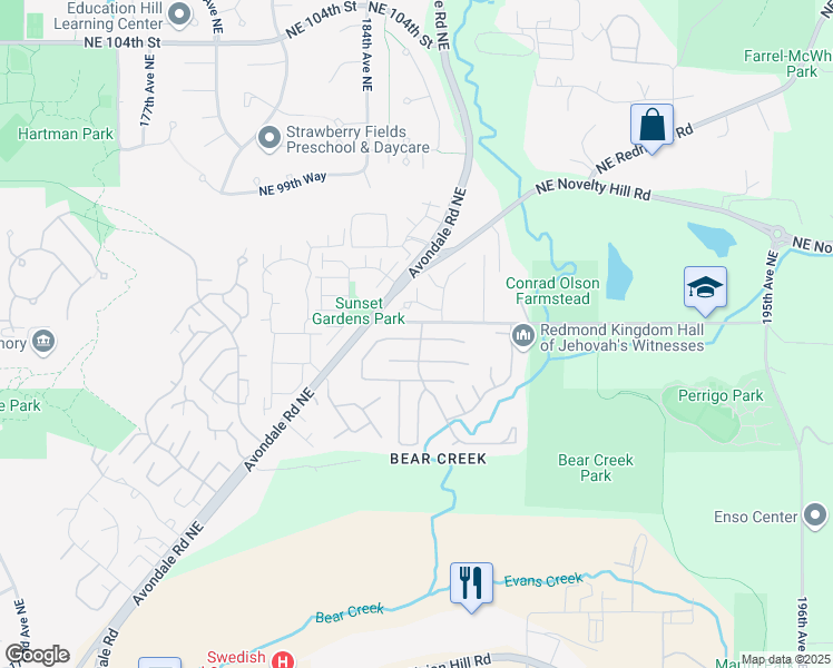 map of restaurants, bars, coffee shops, grocery stores, and more near 18425 Northeast 95th Street in Redmond