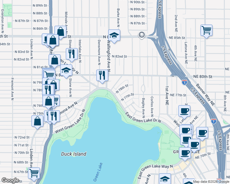map of restaurants, bars, coffee shops, grocery stores, and more near 7806 East Green Lake Drive North in Seattle