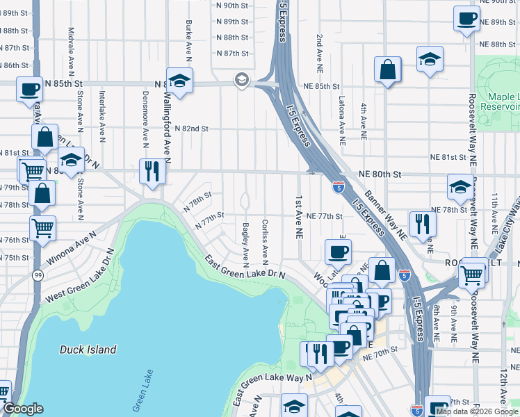 map of restaurants, bars, coffee shops, grocery stores, and more near 7707 Corliss Avenue North in Seattle