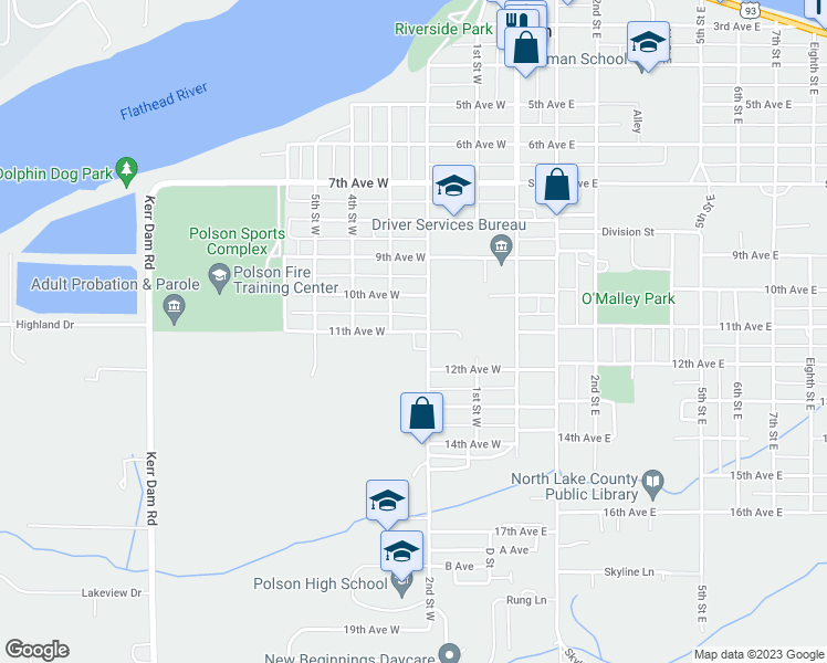 map of restaurants, bars, coffee shops, grocery stores, and more near 275 11th Avenue West in Polson