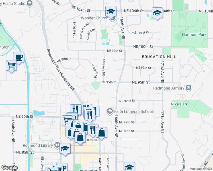 map of restaurants, bars, coffee shops, grocery stores, and more near 16405 Northeast 95th Street in Redmond