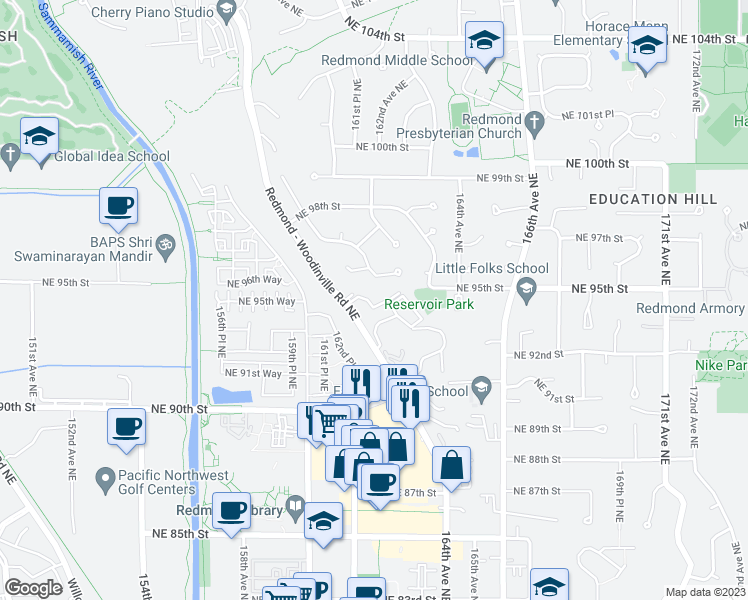map of restaurants, bars, coffee shops, grocery stores, and more near 9300 Woodinville - Redmond Road Northeast in Redmond