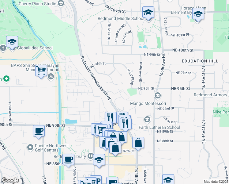 map of restaurants, bars, coffee shops, grocery stores, and more near 9474 Woodinville Redmond Road Northeast in Redmond