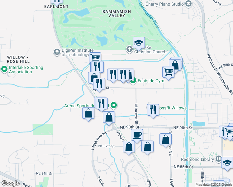 map of restaurants, bars, coffee shops, grocery stores, and more near 14907 Northeast 95th Street in Redmond