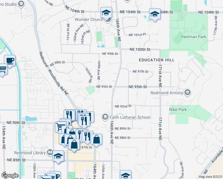 map of restaurants, bars, coffee shops, grocery stores, and more near 9467 166th Avenue Northeast in Redmond