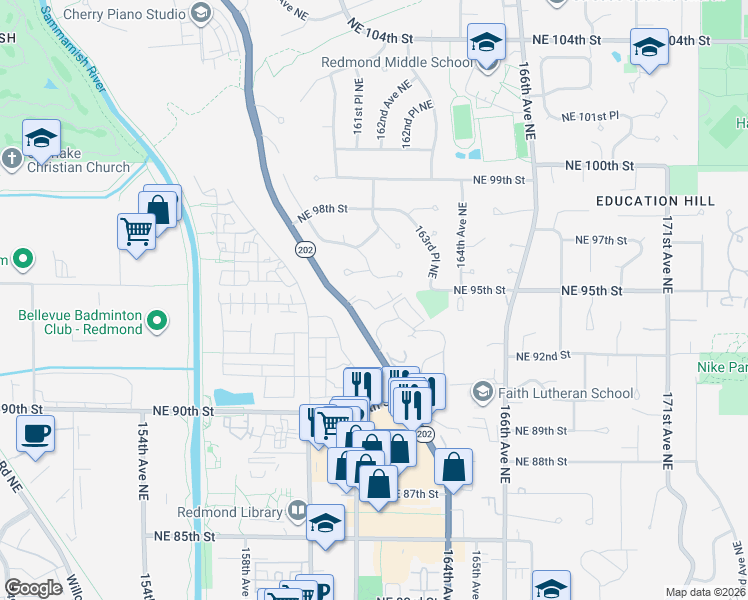 map of restaurants, bars, coffee shops, grocery stores, and more near 9474 Redmond - Woodinville Road Northeast in Redmond