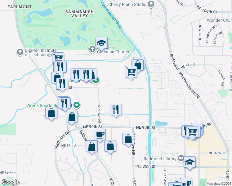 map of restaurants, bars, coffee shops, grocery stores, and more near 15203 NE 95th St in Redmond