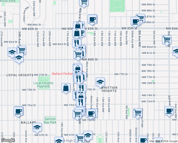 map of restaurants, bars, coffee shops, grocery stores, and more near 7559 14th Avenue Northwest in Seattle