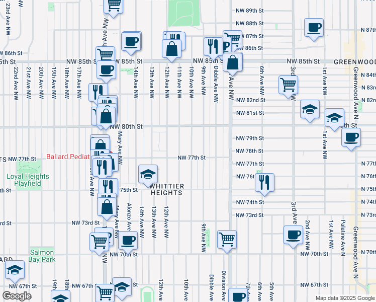map of restaurants, bars, coffee shops, grocery stores, and more near 1009 Northwest 77th Street in Seattle