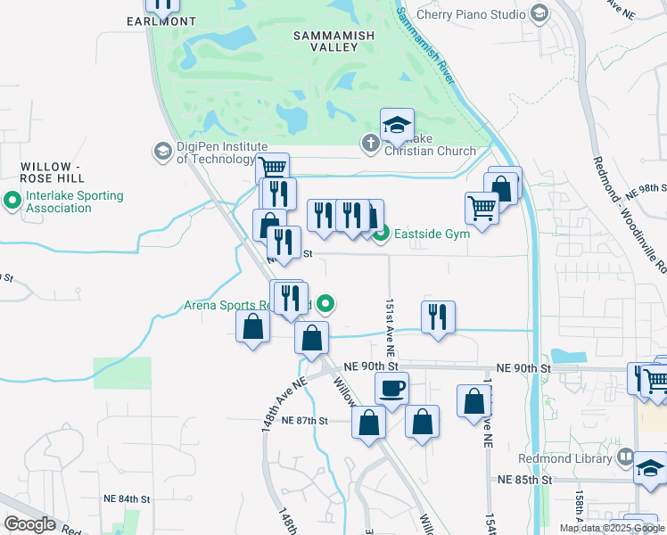 map of restaurants, bars, coffee shops, grocery stores, and more near 14907 Northeast 95th Street in Redmond