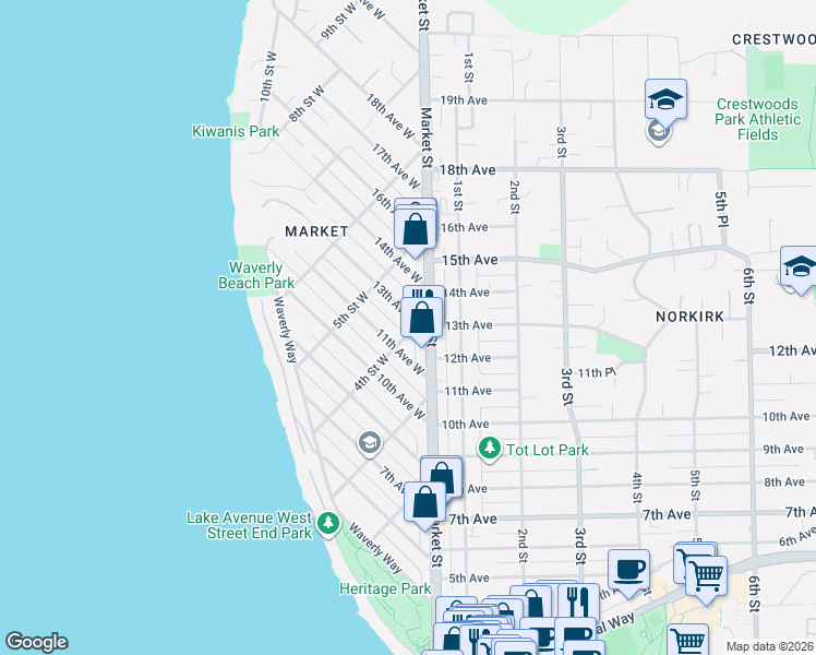 map of restaurants, bars, coffee shops, grocery stores, and more near 1231 4th Street West in Kirkland