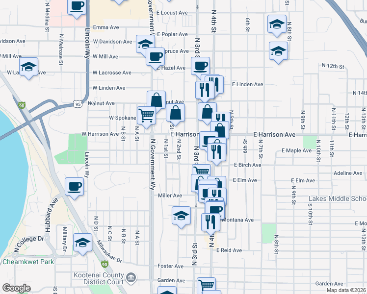 map of restaurants, bars, coffee shops, grocery stores, and more near 1128 North 2nd Street in Coeur d'Alene