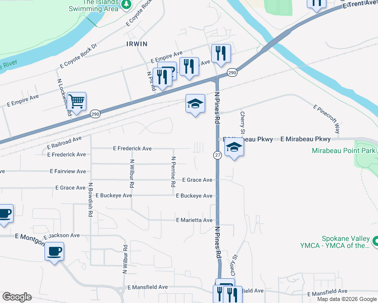 map of restaurants, bars, coffee shops, grocery stores, and more near 3001 North Pines Road in Spokane Valley