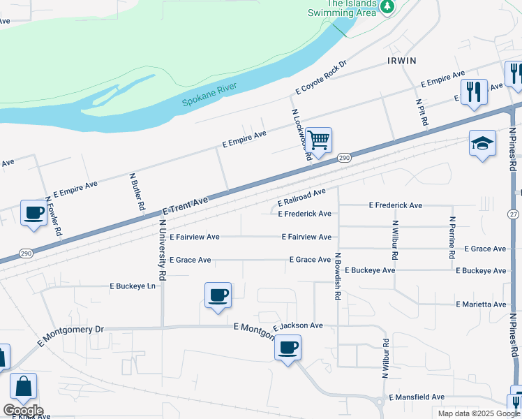 map of restaurants, bars, coffee shops, grocery stores, and more near 11118 East Frederick Avenue in Spokane Valley