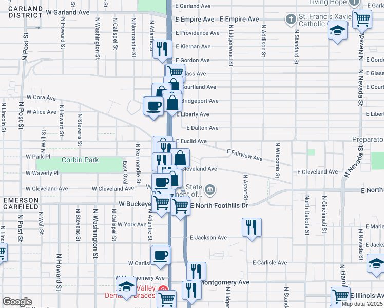 map of restaurants, bars, coffee shops, grocery stores, and more near 107 East Cleveland Avenue in Spokane