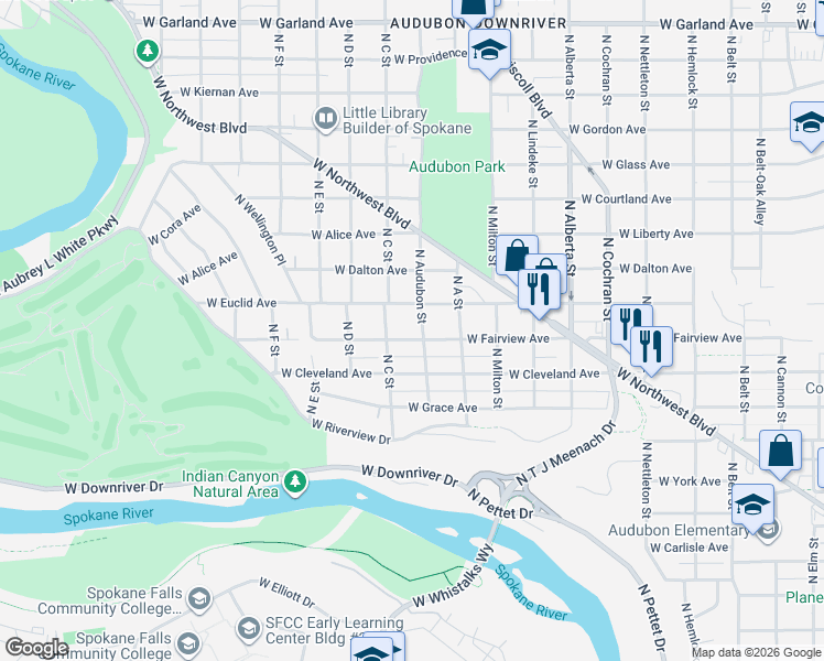 map of restaurants, bars, coffee shops, grocery stores, and more near 3017 West Fairview Avenue in Spokane