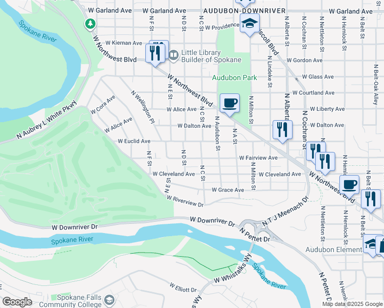 map of restaurants, bars, coffee shops, grocery stores, and more near 3123 West Fairview Avenue in Spokane