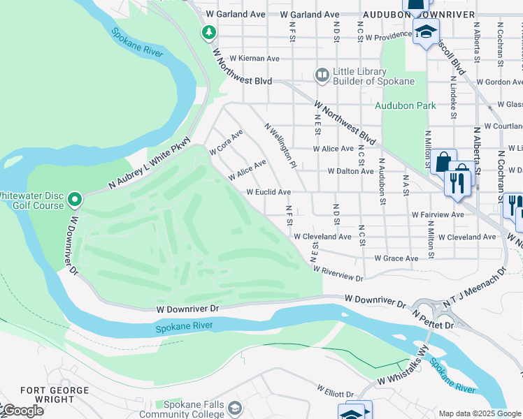 map of restaurants, bars, coffee shops, grocery stores, and more near 3430 West Riverview Drive in Spokane