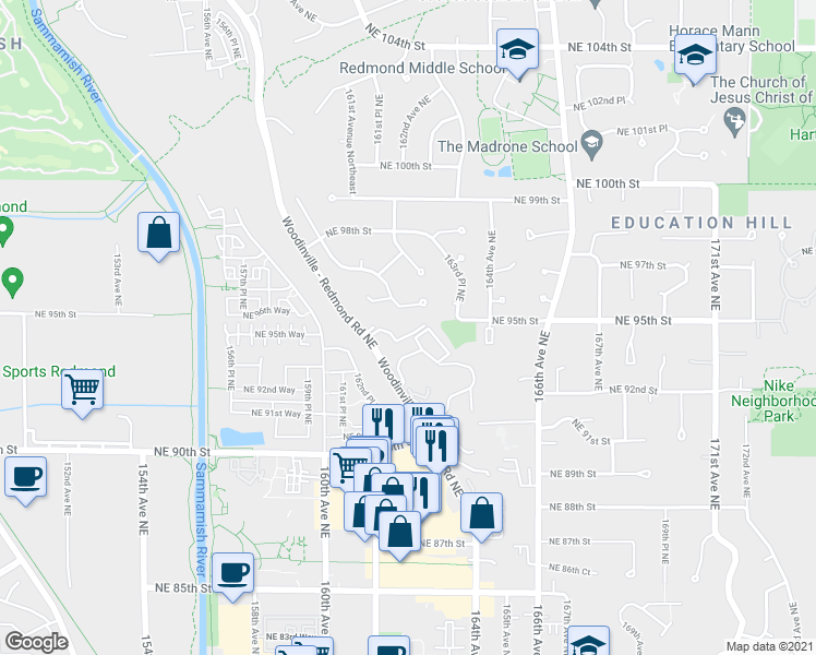 map of restaurants, bars, coffee shops, grocery stores, and more near 9300 Woodinville - Redmond Road Northeast in Redmond