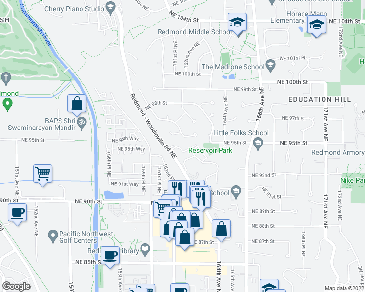 map of restaurants, bars, coffee shops, grocery stores, and more near 9474 Redmond - Woodinville Road Northeast in Redmond