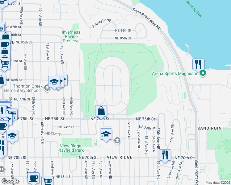 map of restaurants, bars, coffee shops, grocery stores, and more near 7725 Ridge Drive Northeast in Seattle