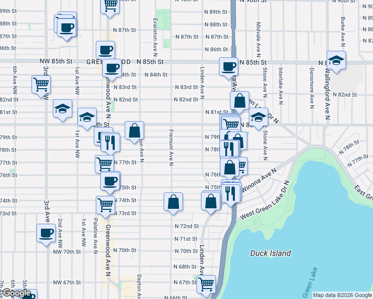 map of restaurants, bars, coffee shops, grocery stores, and more near 718 North 77th Street in Seattle