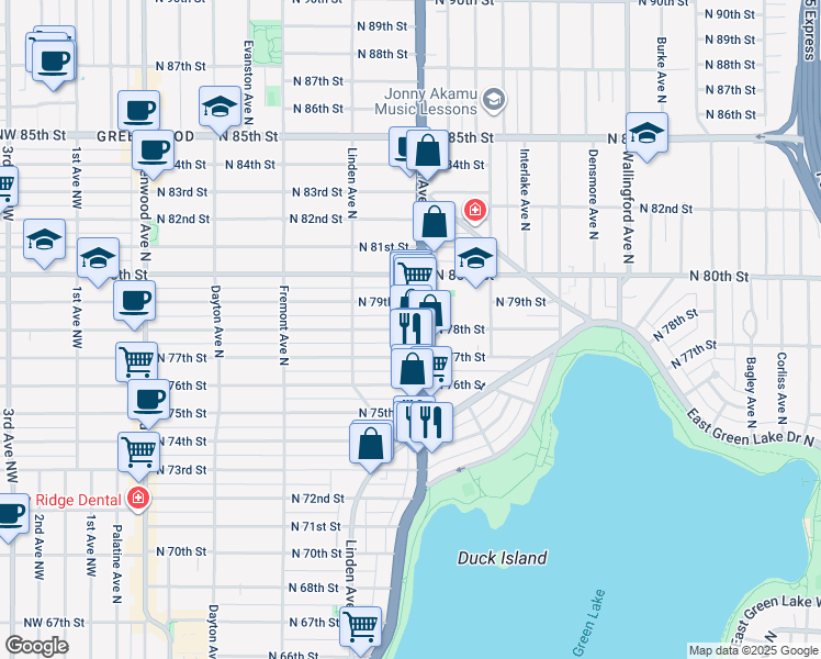 map of restaurants, bars, coffee shops, grocery stores, and more near North 78th Street in Seattle