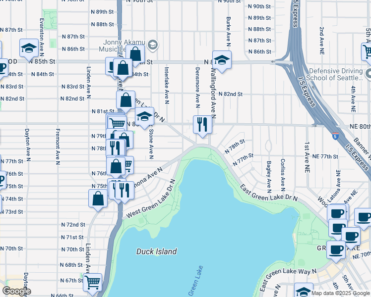map of restaurants, bars, coffee shops, grocery stores, and more near 7803 West Green Lake Drive North in Seattle