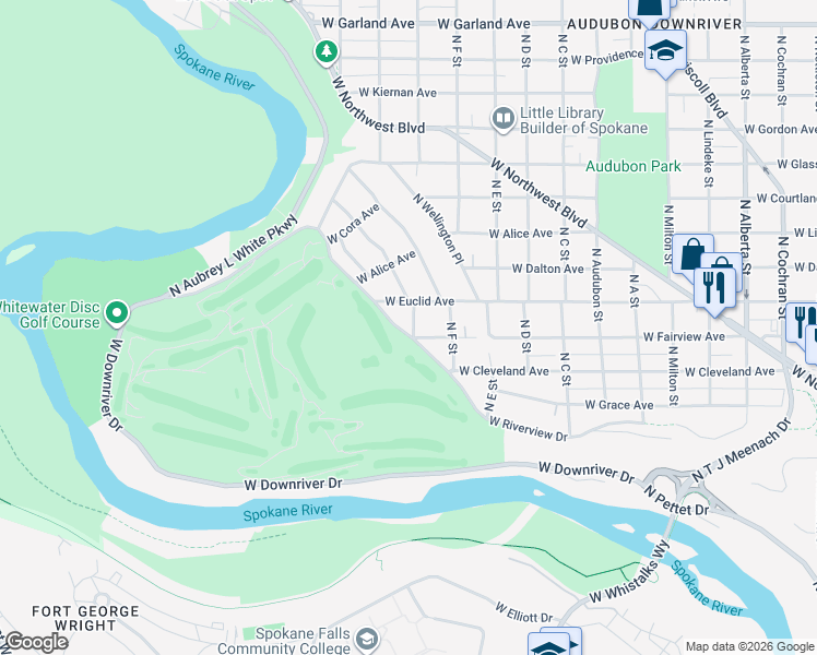 map of restaurants, bars, coffee shops, grocery stores, and more near 3430 West Riverview Drive in Spokane