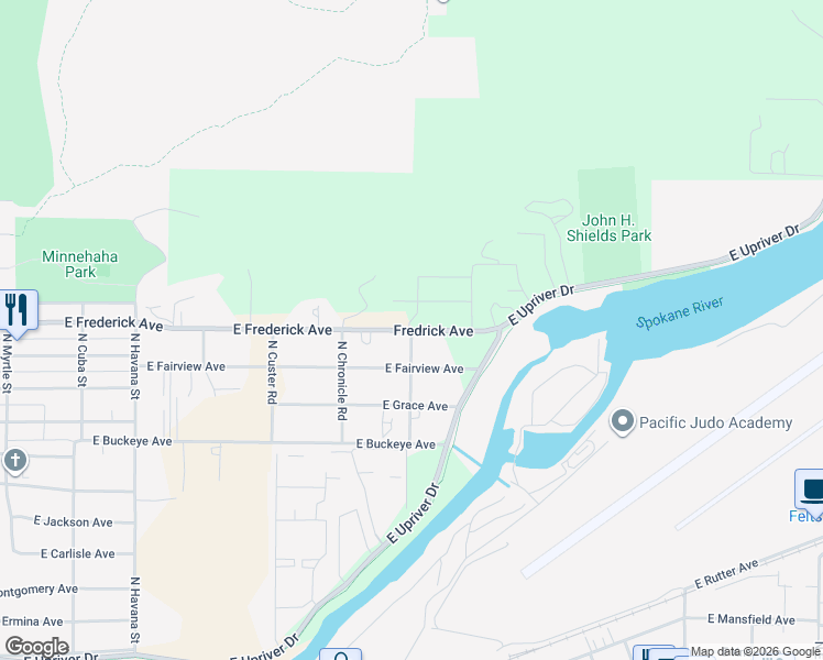 map of restaurants, bars, coffee shops, grocery stores, and more near 5101 East Frederick Avenue in Spokane