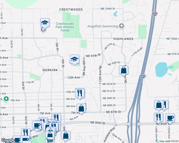 map of restaurants, bars, coffee shops, grocery stores, and more near 9425 110th Place Northeast in Kirkland