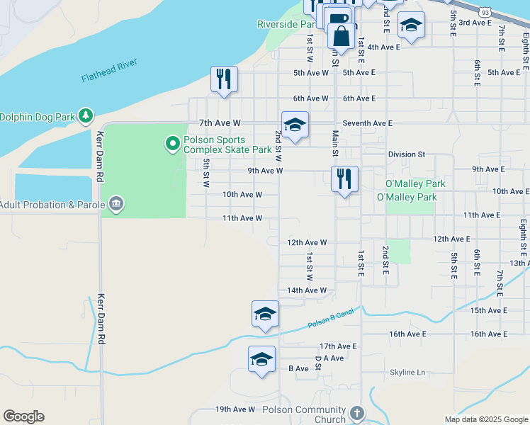 map of restaurants, bars, coffee shops, grocery stores, and more near 275-299 11th Avenue West in Polson