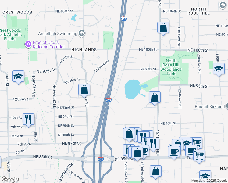 map of restaurants, bars, coffee shops, grocery stores, and more near 9425 Slater Avenue Northeast in Kirkland