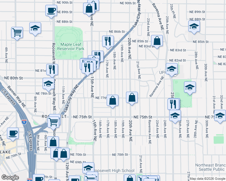 map of restaurants, bars, coffee shops, grocery stores, and more near 7702 18th Avenue Northeast in Seattle