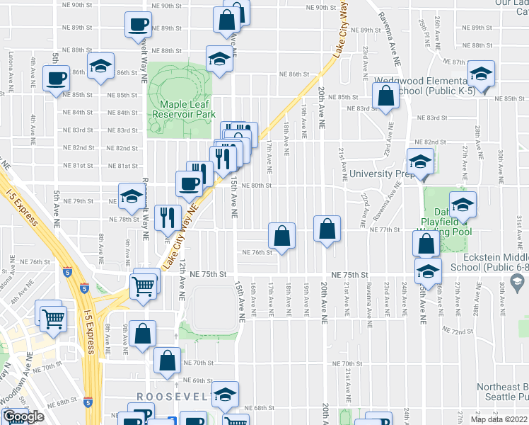 map of restaurants, bars, coffee shops, grocery stores, and more near 1702 Northeast 77th Street in Seattle
